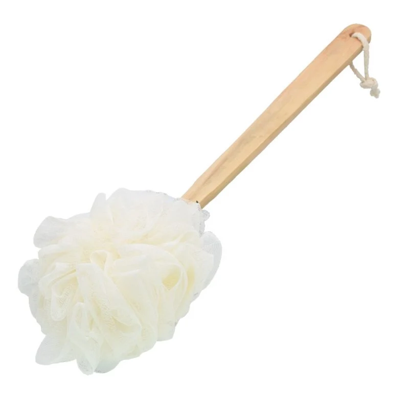 New Design Loofah Sponge Bath Ball with Wooden Long Handle Non-Slip Back Scrubber for Shower Body Brush